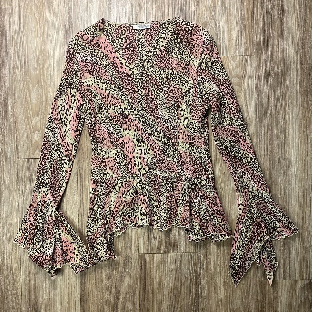 Pink and Brown Leopard Print Flared Sleeve Top Y2K 90s Vintage